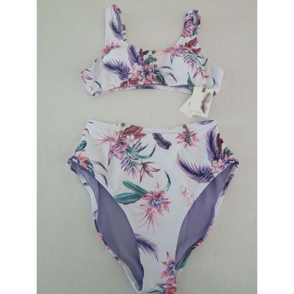 Jessica Simpson Size Medium White Multi Floral Button 2-Piece Swimsuit $109 - Picture 1 of 10